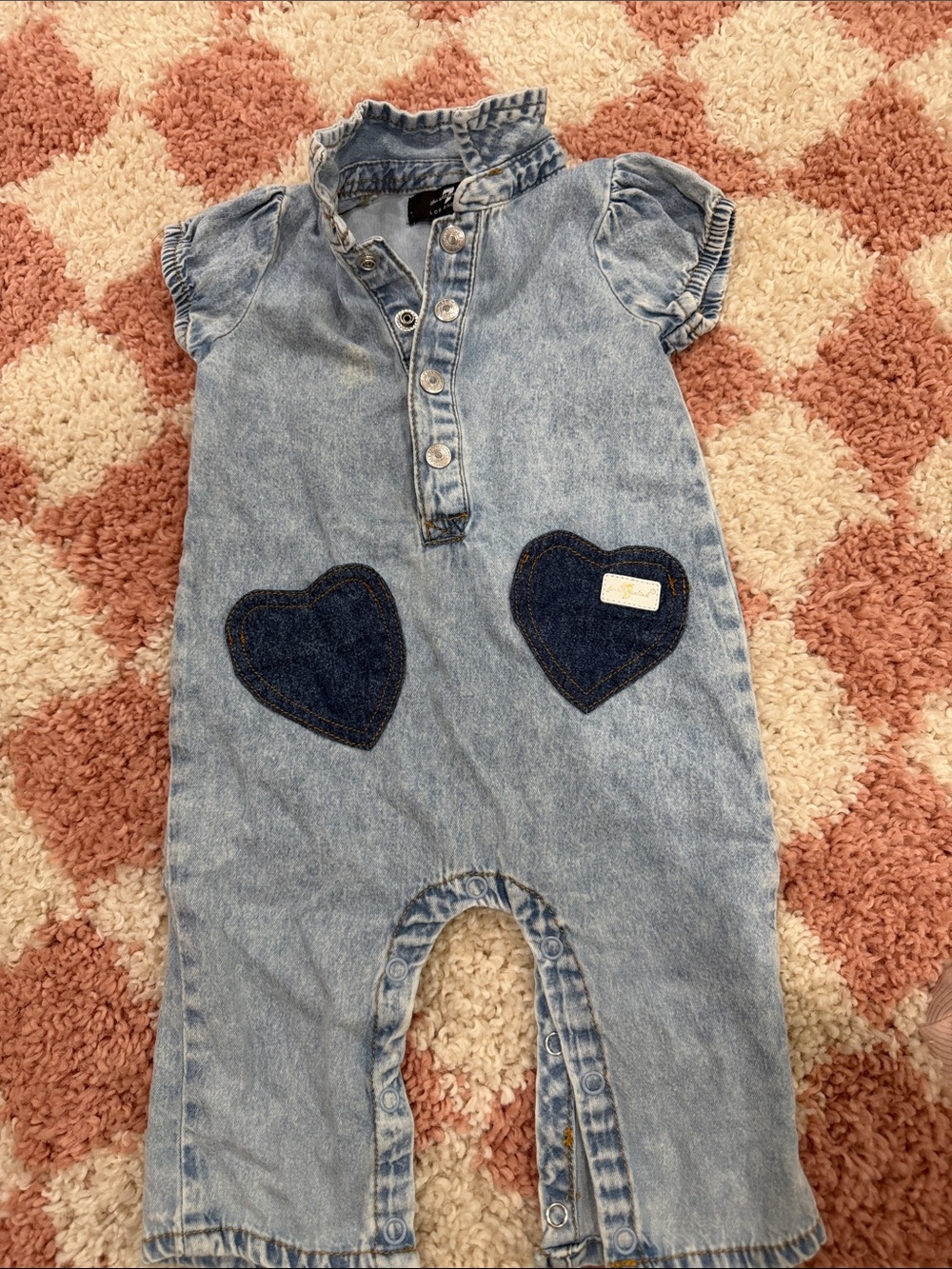 7 For All Mankind Light Blue Denim Romper with Dark Blue Heart Pockets